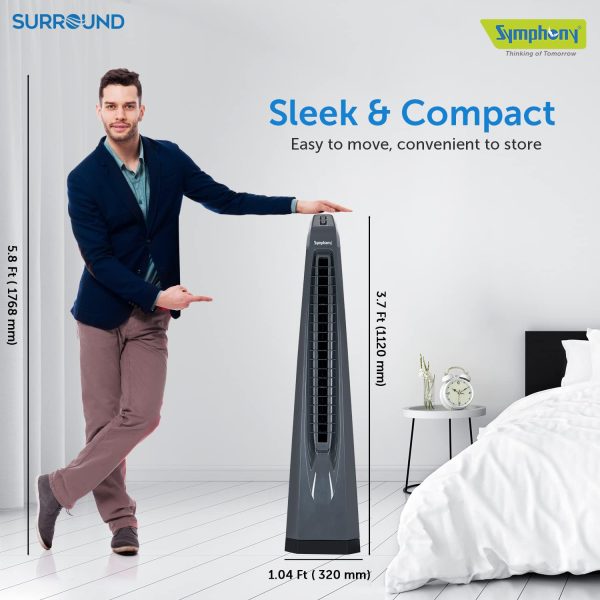 Symphony Surround, High Speed Bladeless Tower Fan with Swivel Action, Dust Filter, Low Power Consumption and Touchscreen Panel, Grey