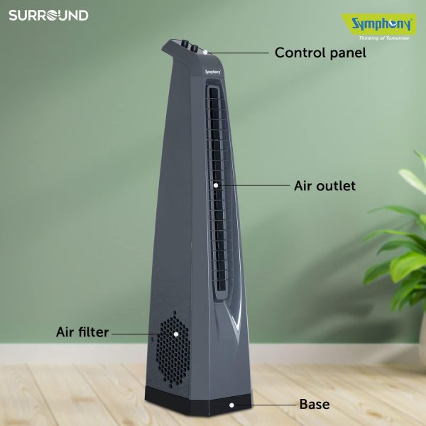 Symphony Surround, High Speed Bladeless Tower Fan with Swivel Action, Dust Filter, Low Power Consumption and Touchscreen Panel, Grey