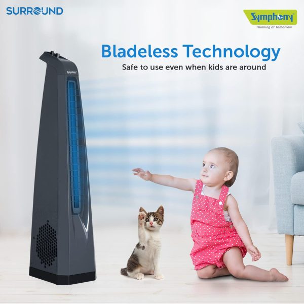 Symphony Surround, High Speed Bladeless Tower Fan with Swivel Action, Dust Filter, Low Power Consumption and Touchscreen Panel, Grey