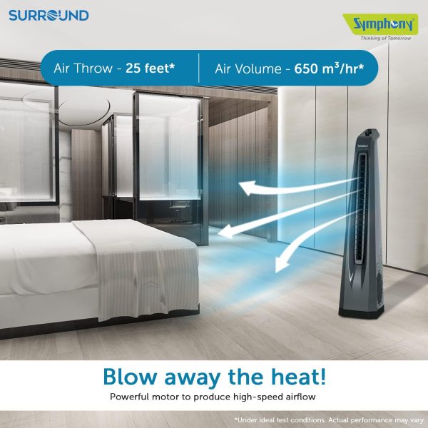 Symphony Surround, High Speed Bladeless Tower Fan with Swivel Action, Dust Filter, Low Power Consumption and Touchscreen Panel, Grey