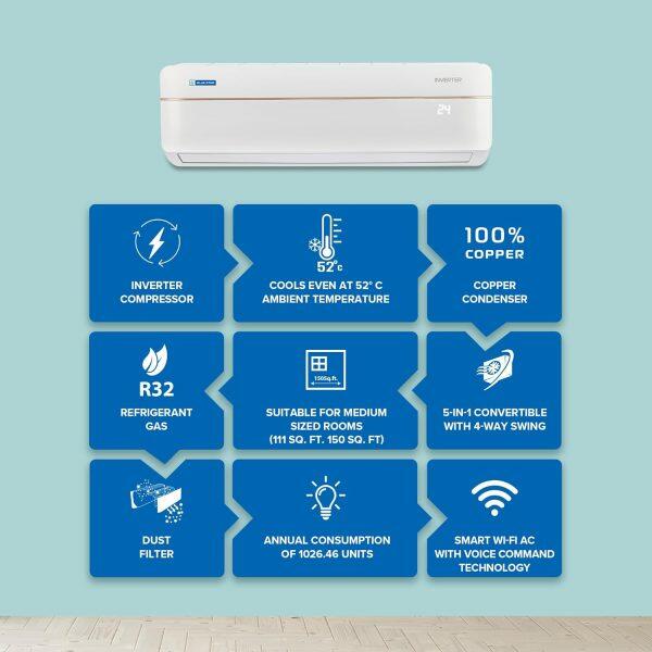 BlueStar IC318VNUS 1.5 Ton 3 Star Inverter Split AC with Wi-Fi, Voice Command & 4 Way Swing, White