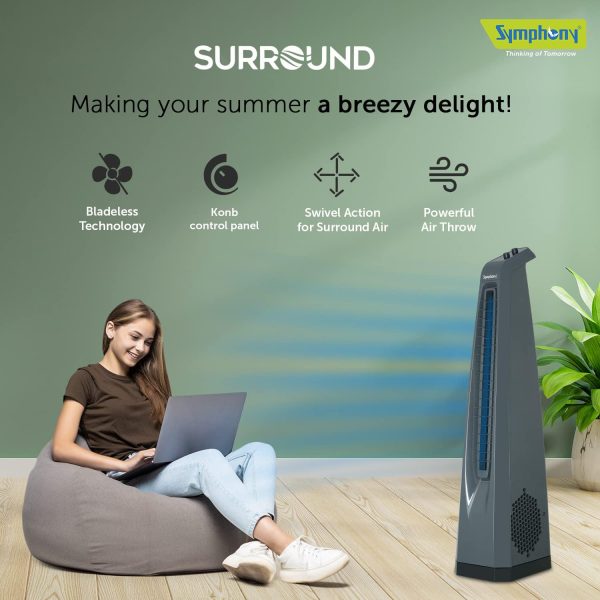 Symphony Surround, High Speed Bladeless Tower Fan with Swivel Action, Dust Filter, Low Power Consumption and Touchscreen Panel, Grey