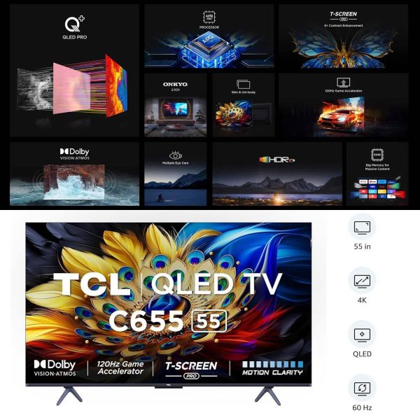 TCL 55C655, 55 Inch QLED Smart Google TV with Smart Dolby Atmos, Dolby Vision and 120 Hz Game Accelerator, Black