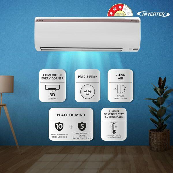 Daikin FTHT35UV 3 Star Hot & Cold Inverter Split AC with Voice Control & PM 2.5, White