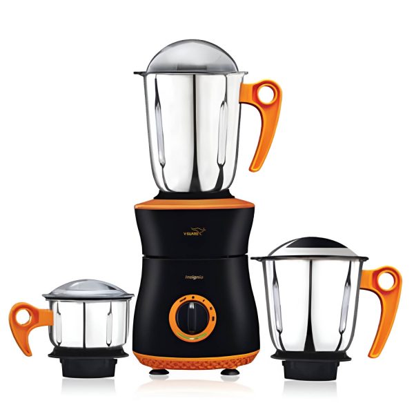 V-Guard Insignia, 750 Watt 3 Jar Mixer Grinder with Stainless Steel Jars, Hands Free Lid Lock and Spiral Duct Cooling System, Orange/Black