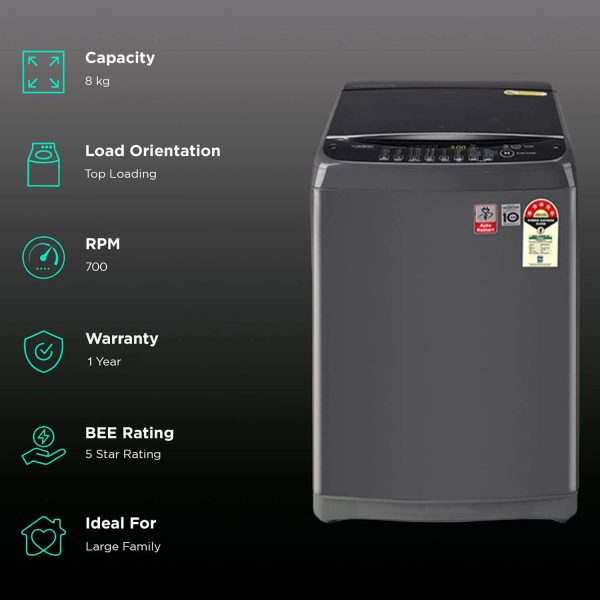 LG T80AJMB1Z, 8 KG Fully Automatic Top Load Machine with Smart Inverter Technology, Smart Door Closing and Smart Diagnostics, Middle Black