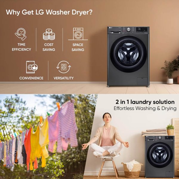 LG FHD1107STB, 11/7 KG Washer Dryer with Direct Drive Motor, 5 Star Rating, TurboWash 360, Steam+, ThinQ with Wi-Fi, Black