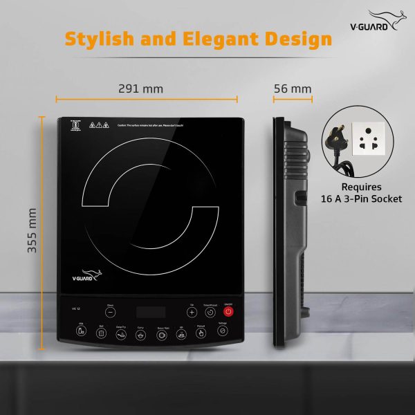 Vguard VIC 12, 1800 Watt Induction Cooktop with 8 Levels of Power and Temperature Setting, Digital Display and Soft switch Controls, Black