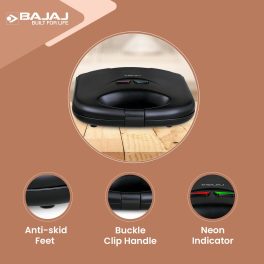Bajaj SWX3 Deluxe, 800 Watt 2 Slice Sandwich Maker with Non-Stick Coated Plates, Buckle Handle and 2 Year Warranty, Black