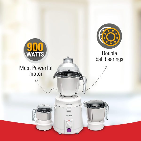Sujata Dynamix, 900 Watt 3 Jar Mixer Grinder with 22000 RPM, Double Ball Bearing and Rust Free Stainless Steel Jar, Black
