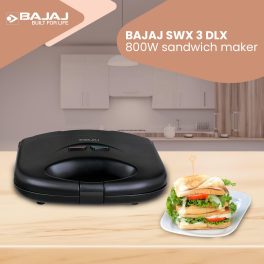 Bajaj SWX3 Deluxe, 800 Watt 2 Slice Sandwich Maker with Non-Stick Coated Plates, Buckle Handle and 2 Year Warranty, Black