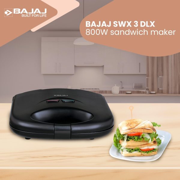 Bajaj SWX3 Deluxe, 800 Watt 2 Slice Sandwich Maker with Non-Stick Coated Plates, Buckle Handle and 2 Year Warranty, Black