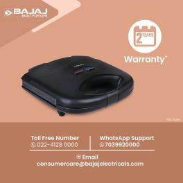 Bajaj SWX3 Deluxe, 800 Watt 2 Slice Sandwich Maker with Non-Stick Coated Plates, Buckle Handle and 2 Year Warranty, Black