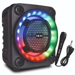 Akai PM-40P, 40 Watt Wireless Bluetooth Party Speaker with Dynamic Light Show, 6 Hour Playtime and Karoke Support with wired mic, Black