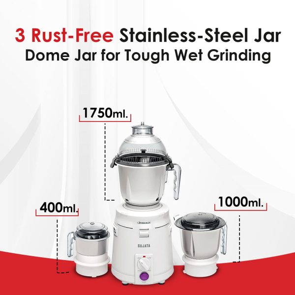 Sujata Dynamix, 900 Watt 3 Jar Mixer Grinder with 22000 RPM, Double Ball Bearing and Rust Free Stainless Steel Jar, Black