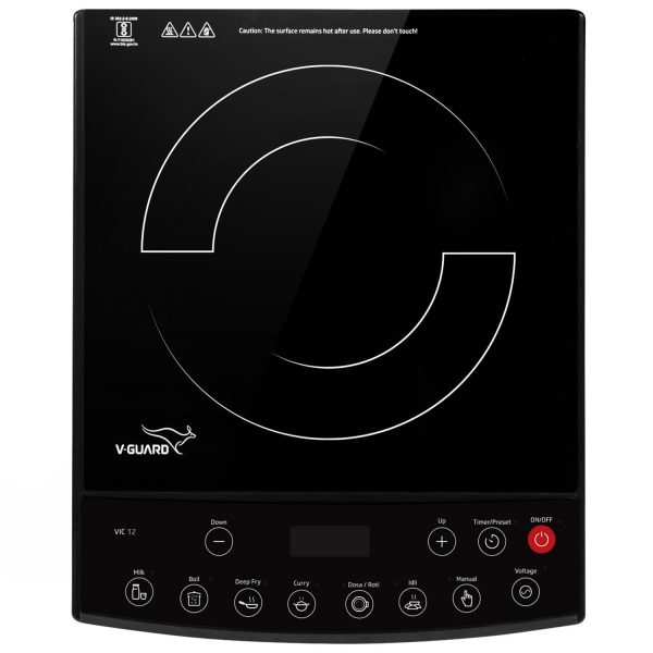 Vguard VIC 12, 1800 Watt Induction Cooktop with 8 Levels of Power and Temperature Setting, Digital Display and Soft switch Controls, Black