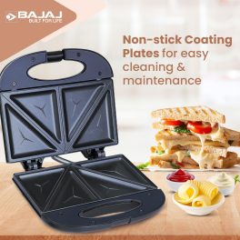 Bajaj SWX3 Deluxe, 800 Watt 2 Slice Sandwich Maker with Non-Stick Coated Plates, Buckle Handle and 2 Year Warranty, Black