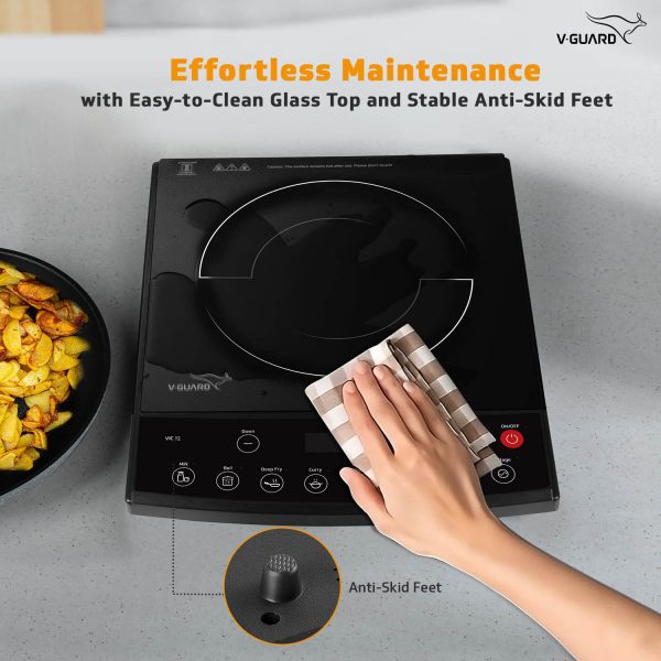 Vguard VIC 12, 1800 Watt Induction Cooktop with 8 Levels of Power and Temperature Setting, Digital Display and Soft switch Controls, Black