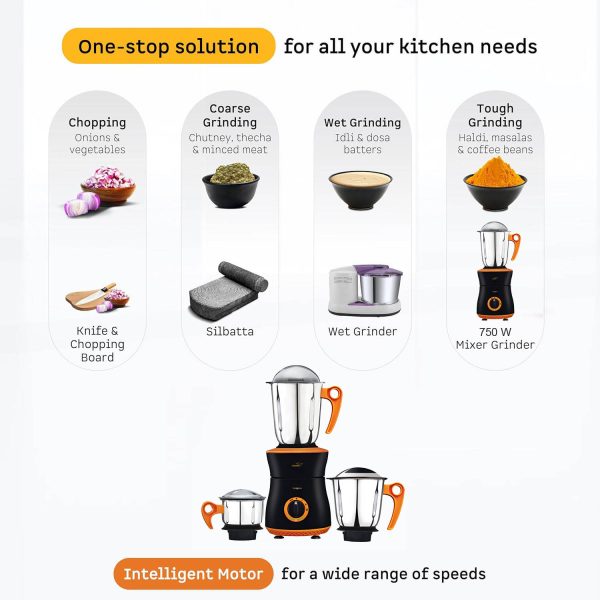 V-Guard Insignia, 750 Watt 3 Jar Mixer Grinder with Stainless Steel Jars, Hands Free Lid Lock and Spiral Duct Cooling System, Orange/Black