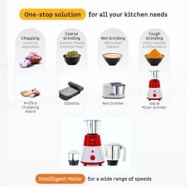 V-Guard Velocity, 500 Watt 3 Jar Mixer Grinder with Stainless Steel Jars, Compact Foot Print and 3 years Motor Warranty, Red/White