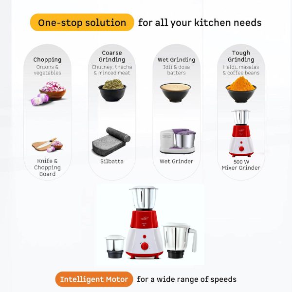 V-Guard Velocity, 500 Watt 3 Jar Mixer Grinder with Stainless Steel Jars, Compact Foot Print and 3 years Motor Warranty, Red/White