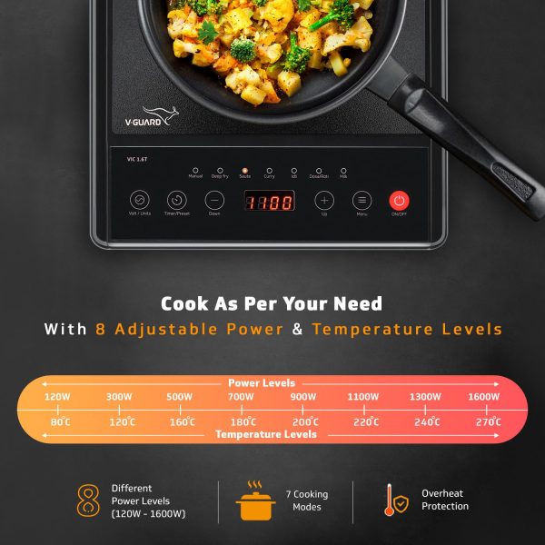V-Guard VIRC02, 2000 Watt Infrared Induction Cooktop with Digital Display, BBQ Grill, Child Lock Function, Compatible for all cooking vessel and Feather Touch Control, Black
