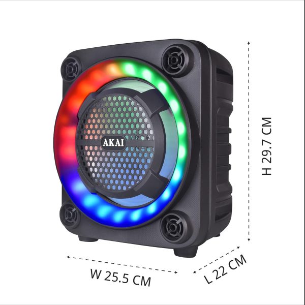 Akai PM-40P, 40 Watt Wireless Bluetooth Party Speaker with Dynamic Light Show, 6 Hour Playtime and Karoke Support with wired mic, Black