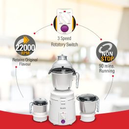 Sujata Dynamix, 900 Watt 3 Jar Mixer Grinder with 22000 RPM, Double Ball Bearing and Rust Free Stainless Steel Jar, Black