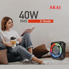 Akai PM-40P, 40 Watt Wireless Bluetooth Party Speaker with Dynamic Light Show, 6 Hour Playtime and Karoke Support with wired mic, Black