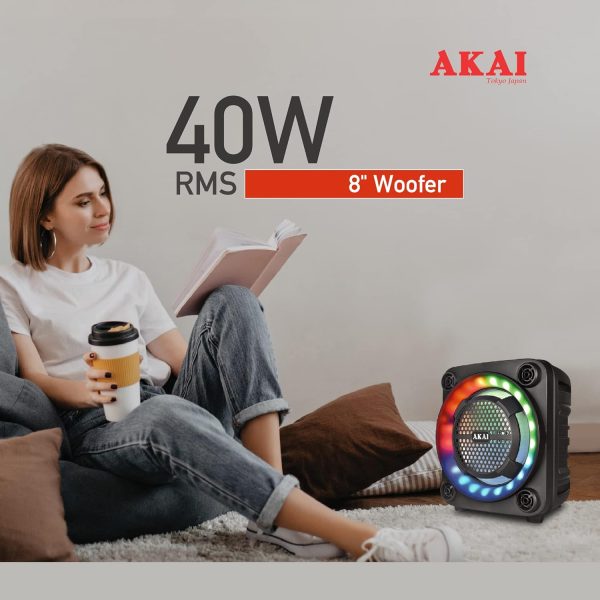 Akai PM-40P, 40 Watt Wireless Bluetooth Party Speaker with Dynamic Light Show, 6 Hour Playtime and Karoke Support with wired mic, Black