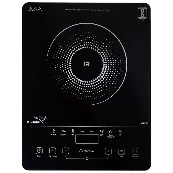 V-Guard VIRC02, 2000 Watt Infrared Induction Cooktop with Digital Display, BBQ Grill, Child Lock Function, Compatible for all cooking vessel and Feather Touch Control, Black