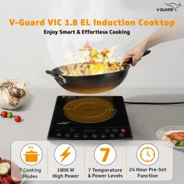 Vguard VIC 12, 1800 Watt Induction Cooktop with 8 Levels of Power and Temperature Setting, Digital Display and Soft switch Controls, Black