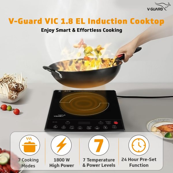 Vguard VIC 12, 1800 Watt Induction Cooktop with 8 Levels of Power and Temperature Setting, Digital Display and Soft switch Controls, Black
