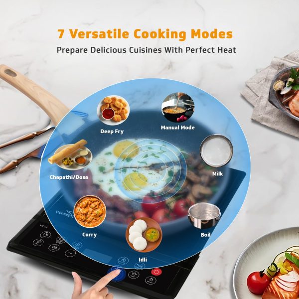 V-Guard VIC 02 V2, 1400 Watt Induction Cooktop with 7 Levels of Power and Temperature Setting, Digital Display and Soft switch Controls, Black