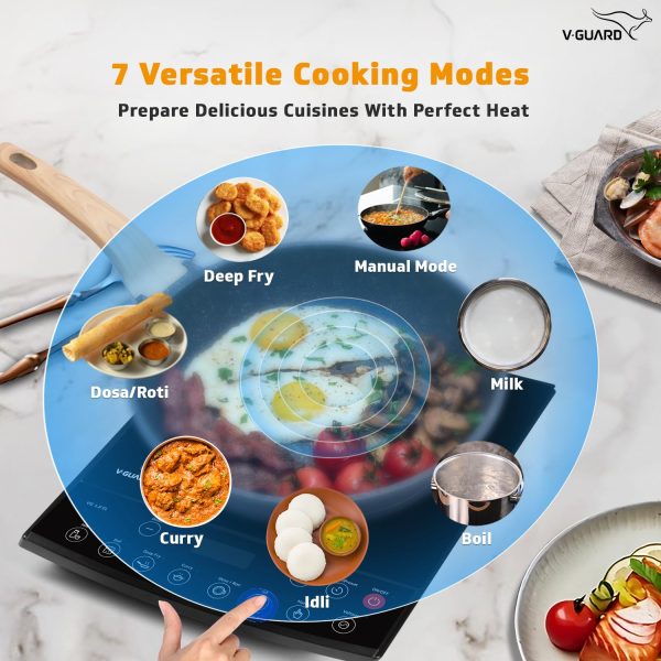 Vguard VIC 12, 1800 Watt Induction Cooktop with 8 Levels of Power and Temperature Setting, Digital Display and Soft switch Controls, Black