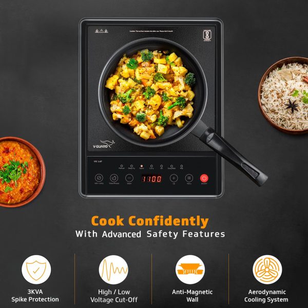 V-Guard VIRC02, 2000 Watt Infrared Induction Cooktop with Digital Display, BBQ Grill, Child Lock Function, Compatible for all cooking vessel and Feather Touch Control, Black