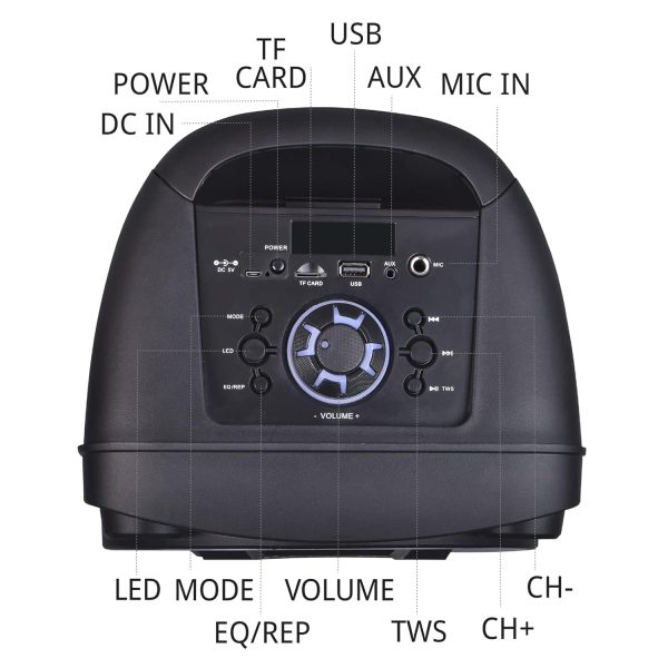 Akai PM-40P, 40 Watt Wireless Bluetooth Party Speaker with Dynamic Light Show, 6 Hour Playtime and Karoke Support with wired mic, Black