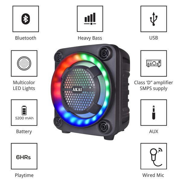 Akai PM-40P, 40 Watt Wireless Bluetooth Party Speaker with Dynamic Light Show, 6 Hour Playtime and Karoke Support with wired mic, Black
