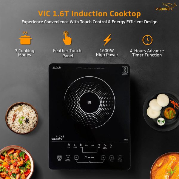 V-Guard VIRC02, 2000 Watt Infrared Induction Cooktop with Digital Display, BBQ Grill, Child Lock Function, Compatible for all cooking vessel and Feather Touch Control, Black