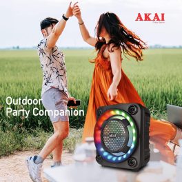 Akai PM-40P, 40 Watt Wireless Bluetooth Party Speaker with Dynamic Light Show, 6 Hour Playtime and Karoke Support with wired mic, Black