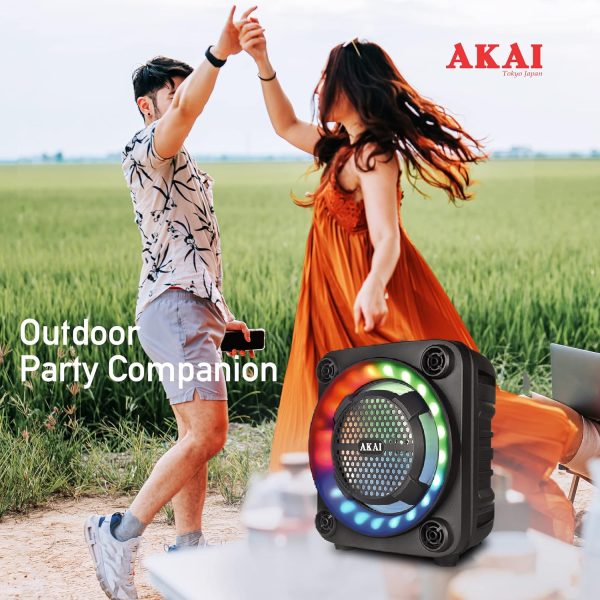 Akai PM-40P, 40 Watt Wireless Bluetooth Party Speaker with Dynamic Light Show, 6 Hour Playtime and Karoke Support with wired mic, Black