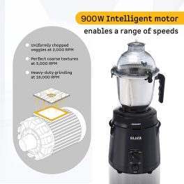 Sujata Dynamix, 900 Watt 3 Jar Mixer Grinder with 22000 RPM, Double Ball Bearing and Rust Free Stainless Steel Jar, Black