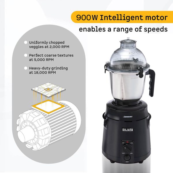 Sujata Dynamix, 900 Watt 3 Jar Mixer Grinder with 22000 RPM, Double Ball Bearing and Rust Free Stainless Steel Jar, Black