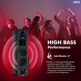 Akai TWS-503Max, 50 Watt Tower Speaker with Deep Bass Subwoofer, Remote and Karoke Compatible, Black