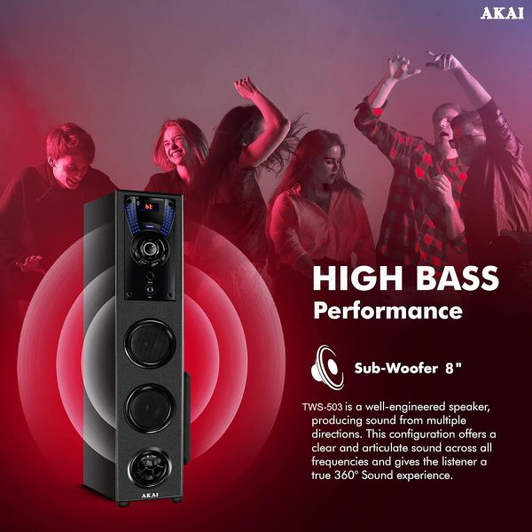 Akai TWS-503Max, 50 Watt Tower Speaker with Deep Bass Subwoofer, Remote and Karoke Compatible, Black