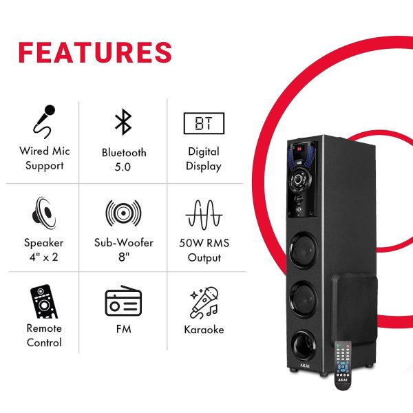 Akai TWS-503Max, 50 Watt Tower Speaker with Deep Bass Subwoofer, Remote and Karoke Compatible, Black