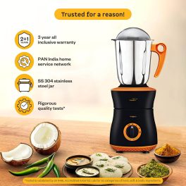 V-Guard Insignia, 750 Watt 3 Jar Mixer Grinder with Stainless Steel Jars, Hands Free Lid Lock and Spiral Duct Cooling System, Orange/Black