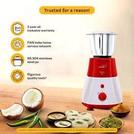 V-Guard Velocity, 500 Watt 3 Jar Mixer Grinder with Stainless Steel Jars, Compact Foot Print and 3 years Motor Warranty, Red/White