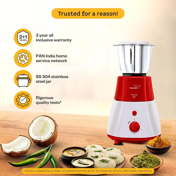 V-Guard Velocity, 500 Watt 3 Jar Mixer Grinder with Stainless Steel Jars, Compact Foot Print and 3 years Motor Warranty, Red/White