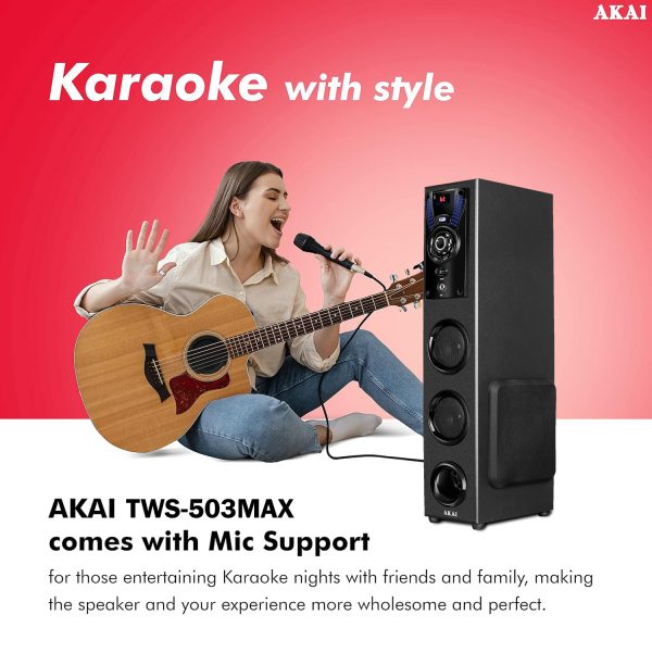 Akai TWS-503Max, 50 Watt Tower Speaker with Deep Bass Subwoofer, Remote and Karoke Compatible, Black